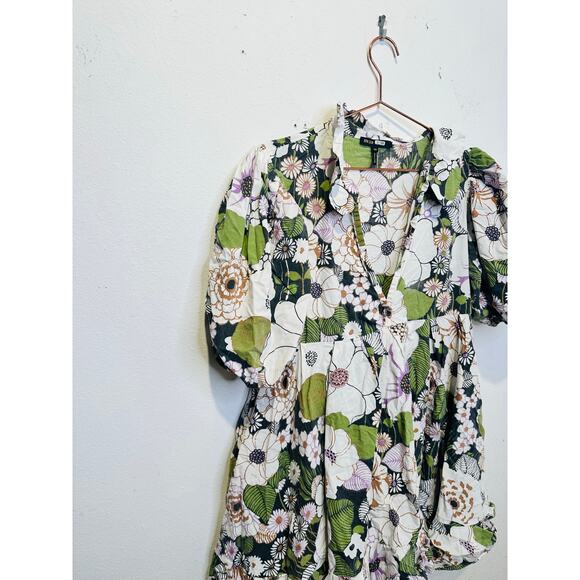 MAJE Rafleur Large Floral Print Mini Puff Sleeve Baby Doll Mini Dress Size 40 - Picture 8 of 12